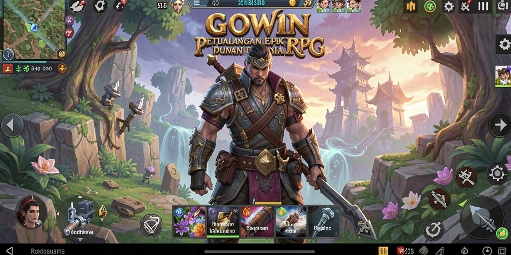 Gameplay GOWIN dengan pertarungan yang seru dalam dunia fantasi.